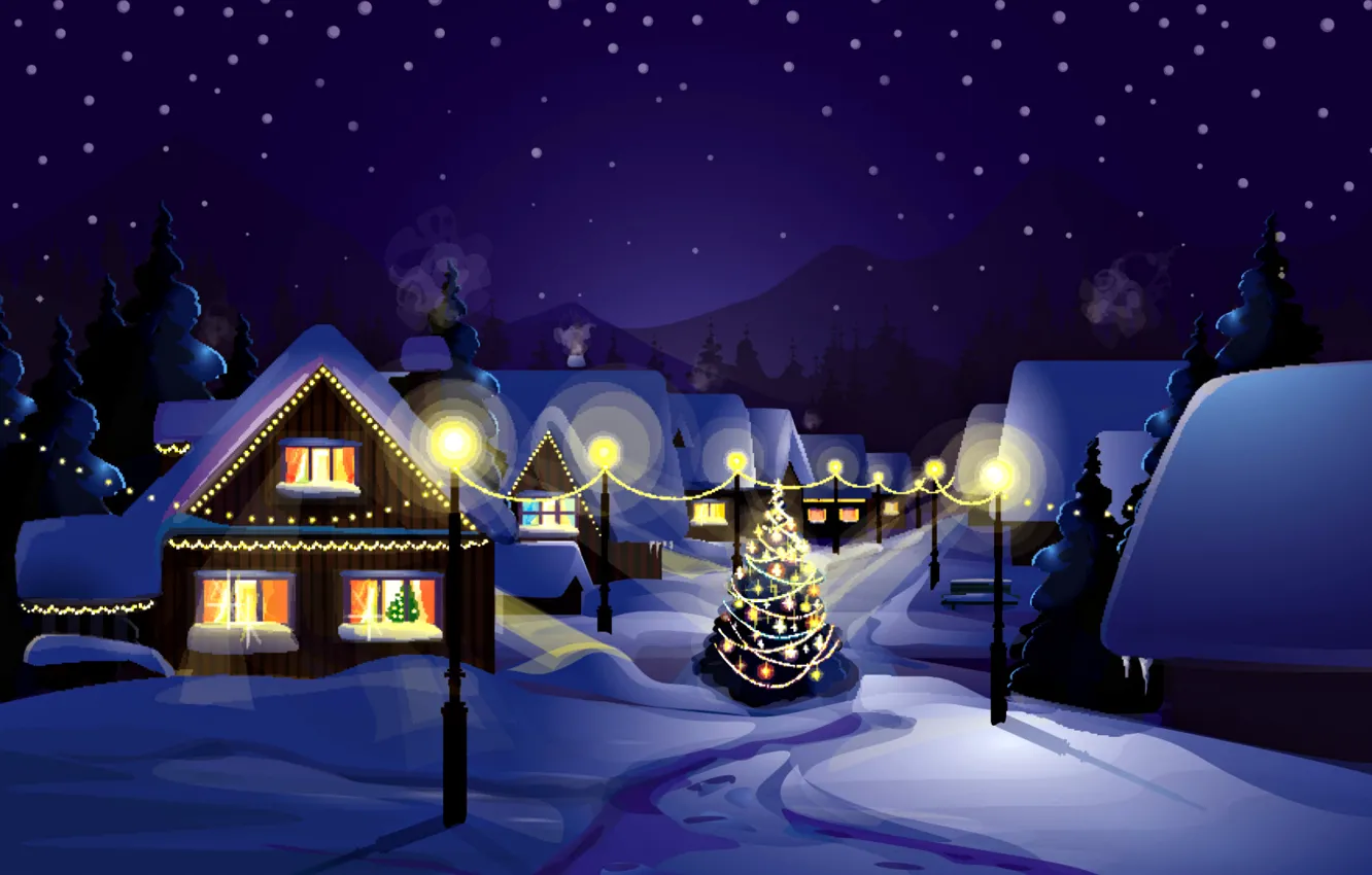 Фото обои зима, снег, пейзаж, ночь, природа, праздник, елка, дома