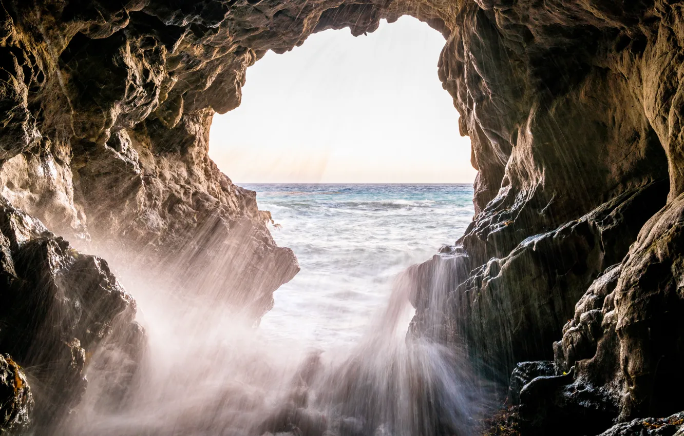 Фото обои вода, брызги, скала, океан, волна, Калифорния, США, отверстие