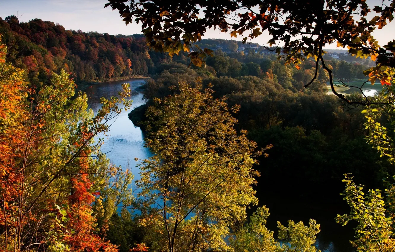 Фото обои осень, лес, небо, листья, деревья, пейзаж, река