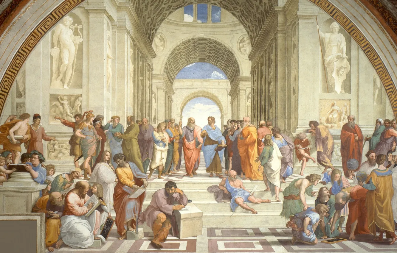 Фото обои картина, искусство, Рафаэль, Зенон Китийский, Гипатия, Scuola di Atene, Гераклит Эфесский, Сократ