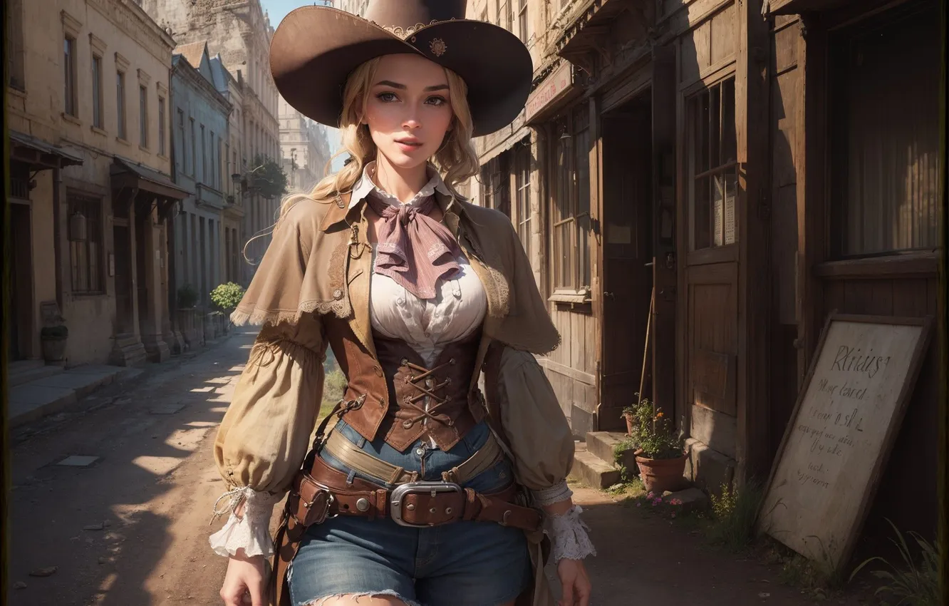 Фото обои city, girl, shorts, hat, ai art