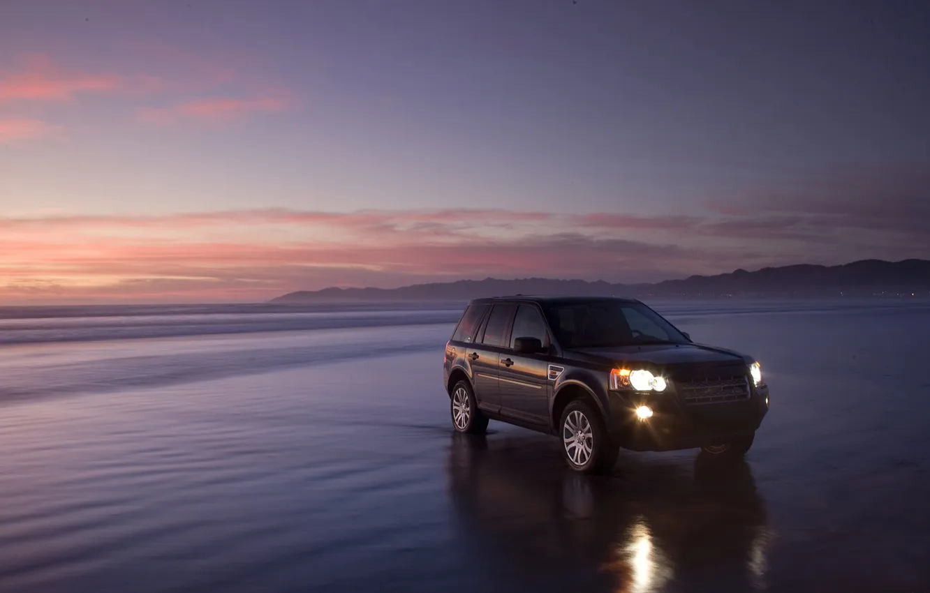 Фото обои море, пляж, закат, Land Rover, одинокий, freelander2