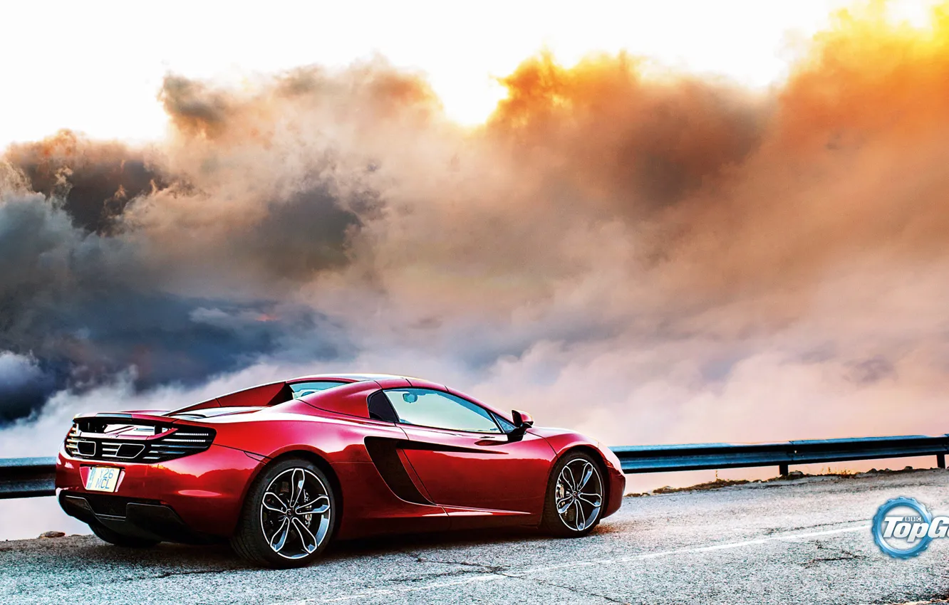 Фото обои McLaren, Top Gear, Red, Clouds, Sky, British, MP4-12C, Back