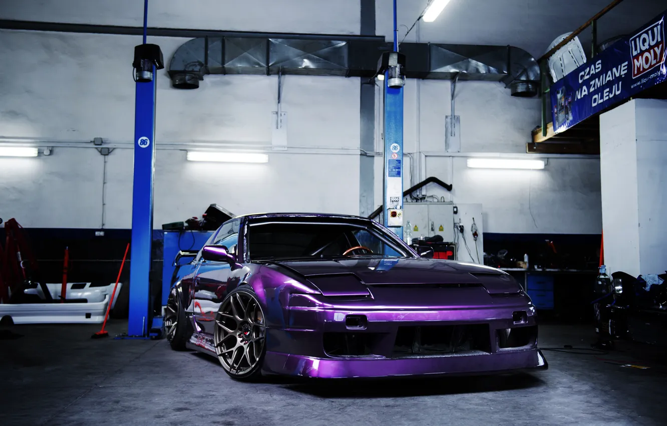 Фото обои Nissan, Front, Violet, Garage, Nissan 200sx