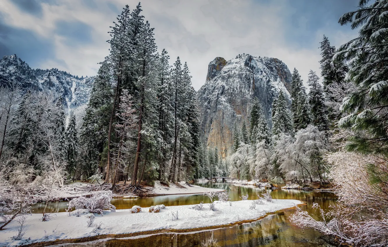 Фото обои зима, лес, снег, горы, Калифорния, США, речка, Национальный парк Йосемити