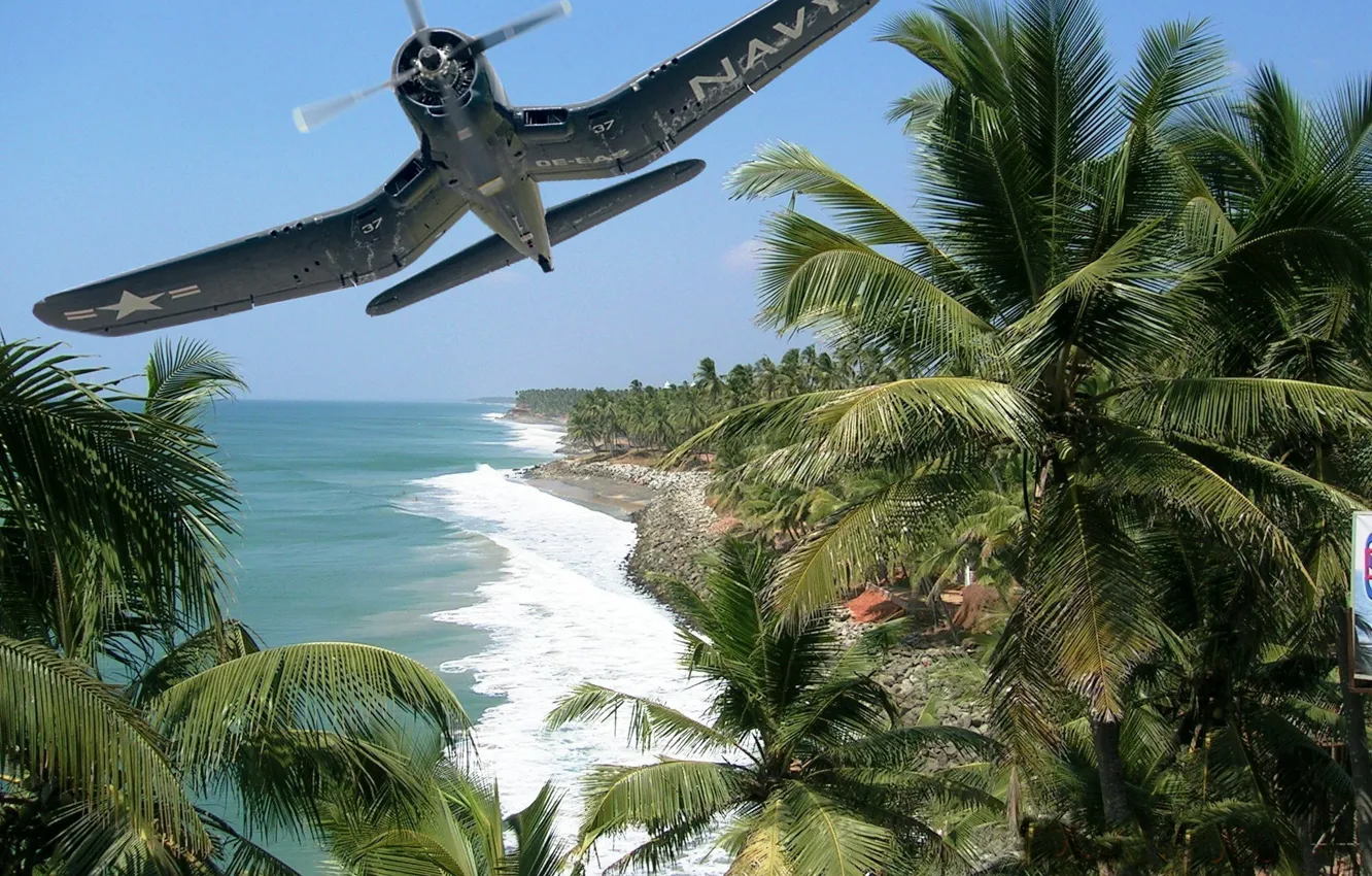 Фото обои пальмы, берег, рисунок, остров, истребитель, арт, самолёт, американский