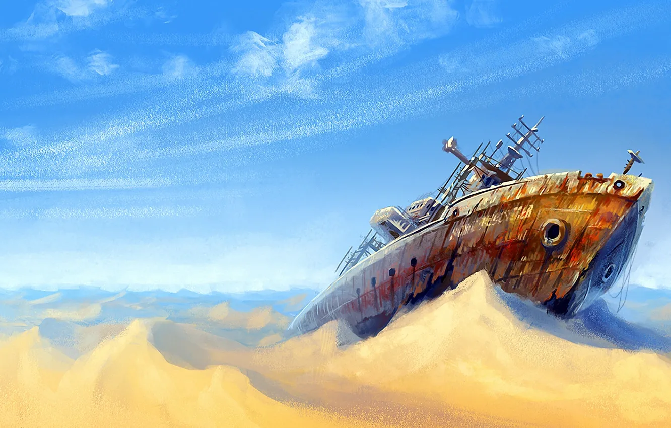 Фото обои песок, облака, пустыня, корабль, арт