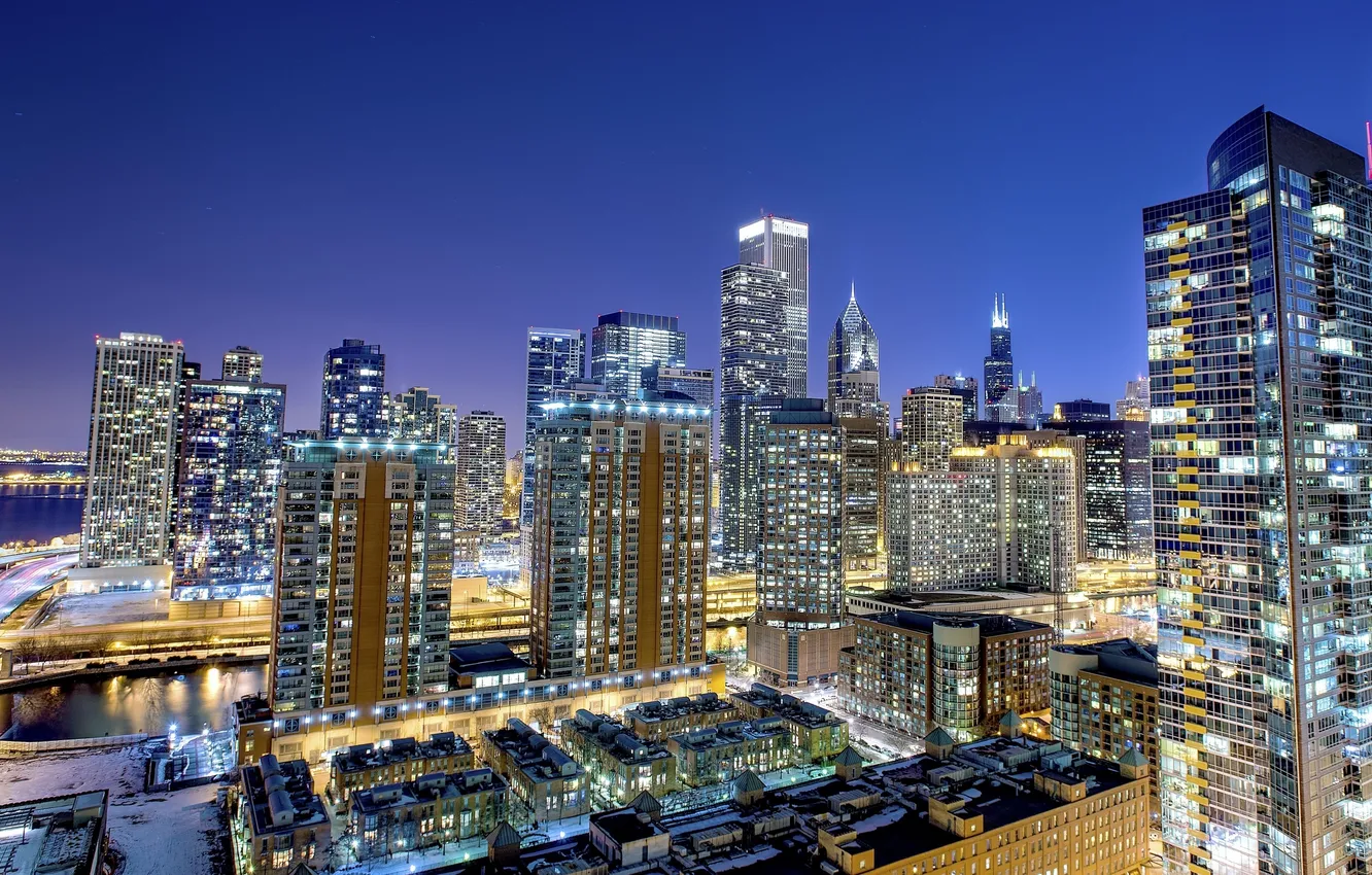 Фото обои Чикаго, ночной город, Chicago, небоскрёбы