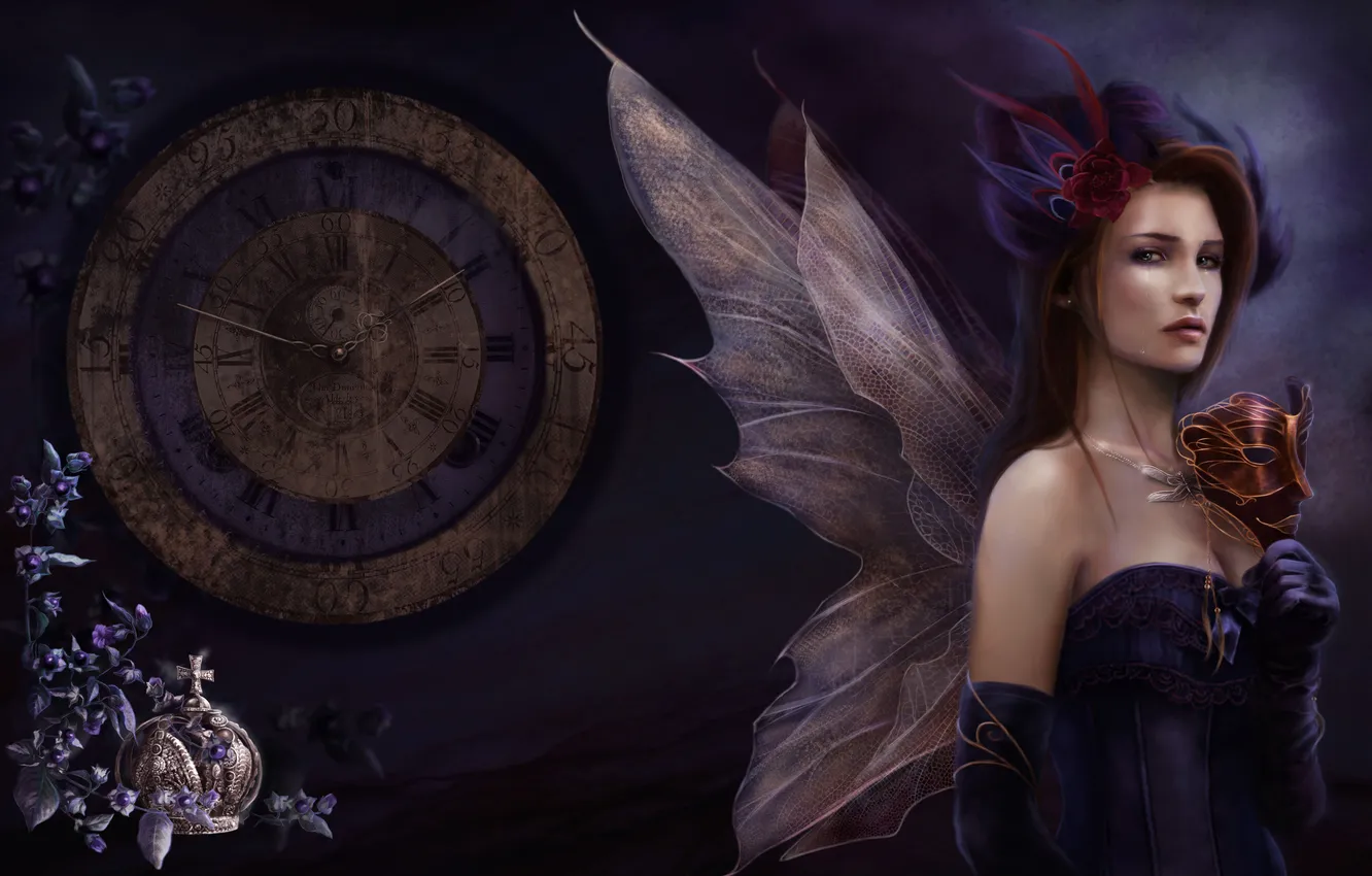 Фото обои украшения, часы, Девушка, крылья, корона, маска, слезы