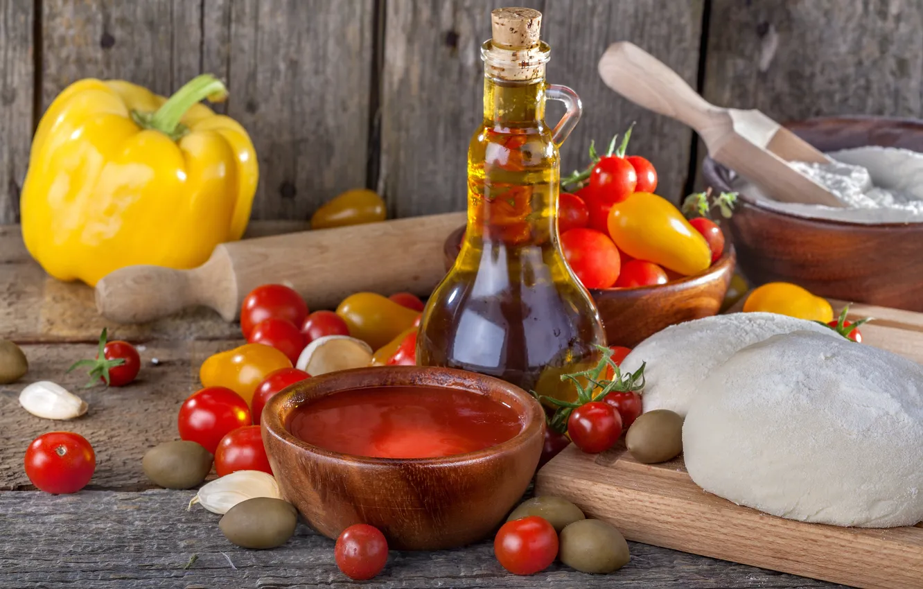Фото обои масло, перец, помидоры, оливки, тесто