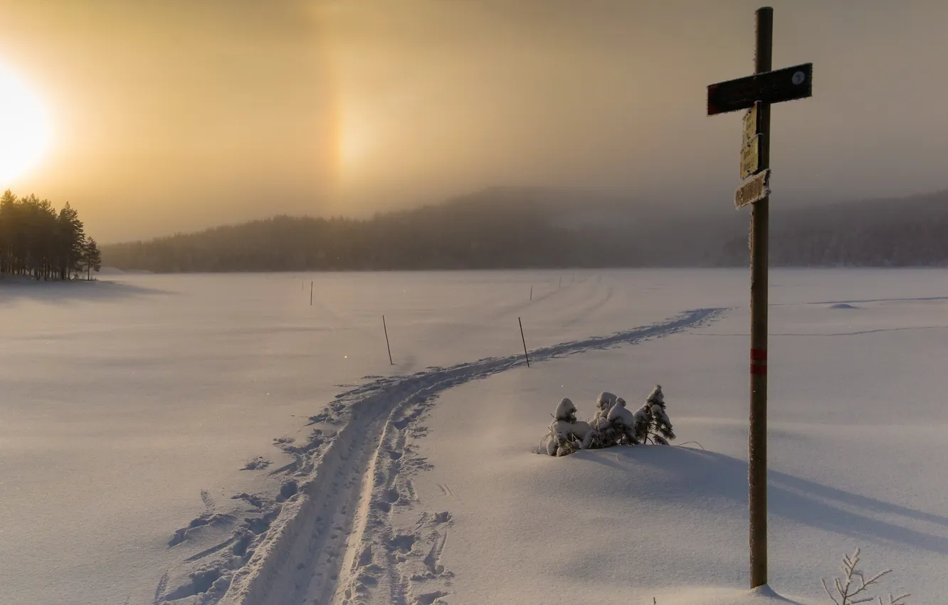 Фото обои зима, снег, закат, туман, крест