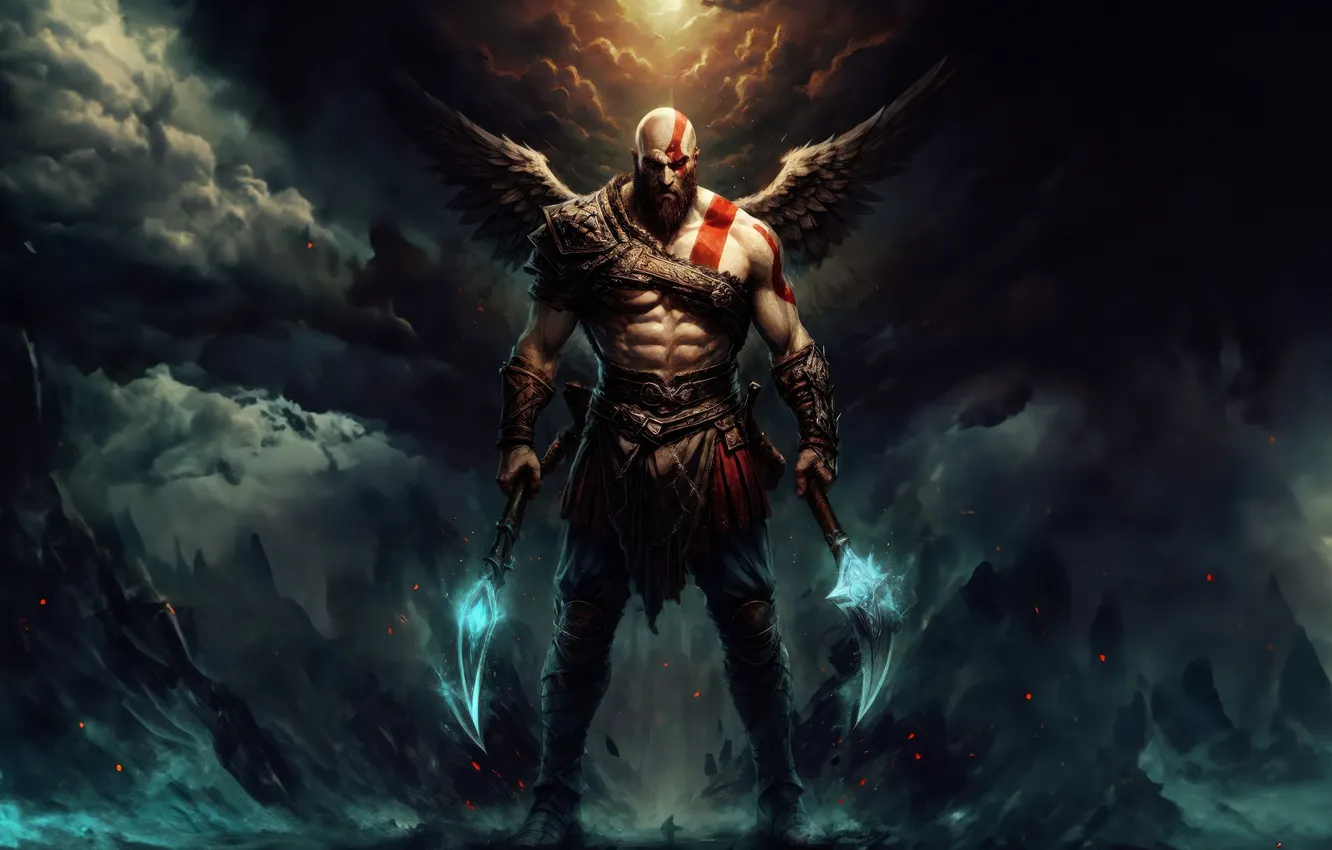 Фото обои axe, light, god of war, weapon, kratos, sony, wings, snow