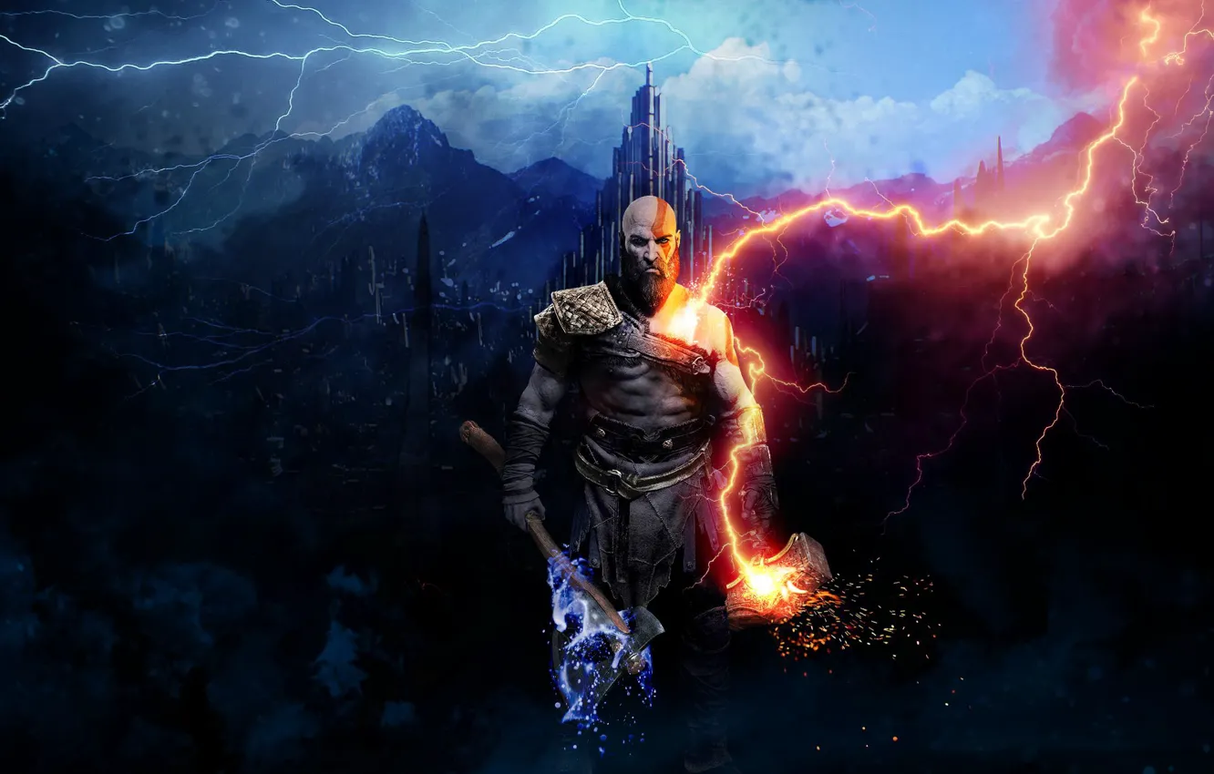 Фото обои light, god of war, weapon, kratos, snow, man, boy, blade
