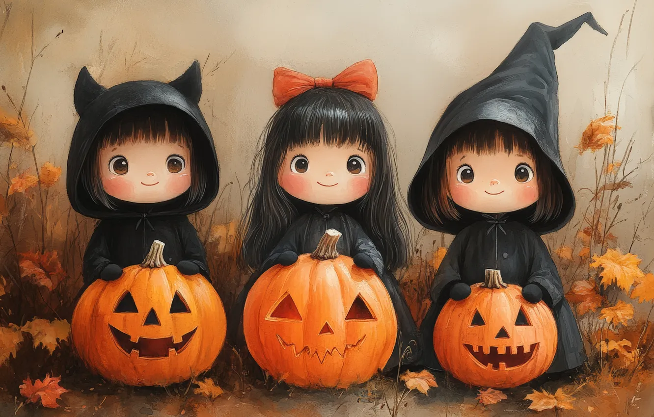 Фото обои осень, дети, праздник, листва, трио, бантик, колпак, светильник Джека