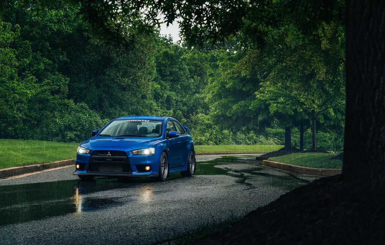 Фото обои Blue, Rain, Lancer Evolution X