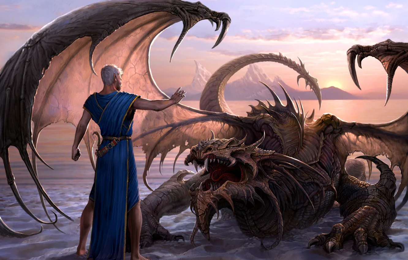Фото обои горы, дракон, мужик, Lord of the Water Dragon