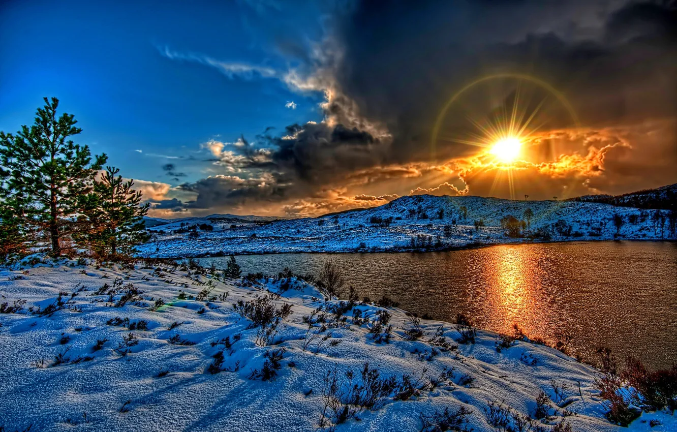 Фото обои зима, небо, солнце, облака, снег, пейзаж, закат, природа