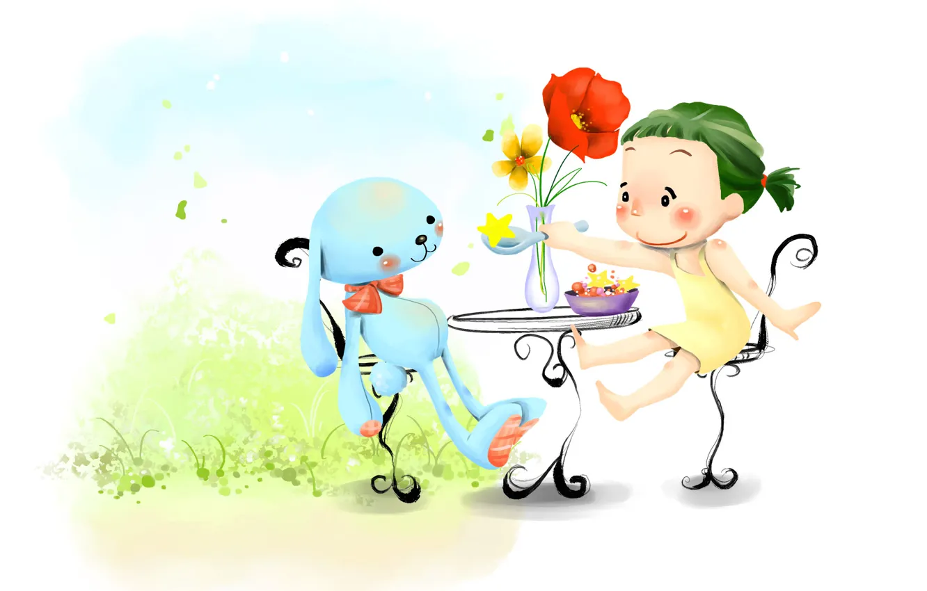Фото обои трава, цветы, улыбка, игрушка, рисунок, заяц, девочка, ваза