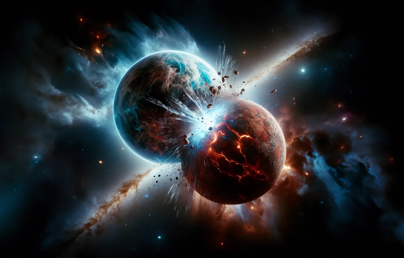 Фото обои space, universe, red, blue, nebula, stars, dust, planet