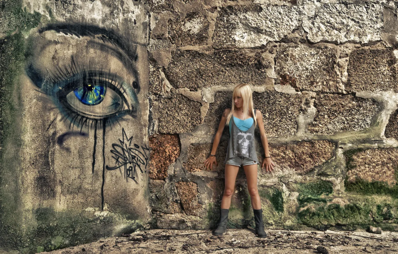 Фото обои девушка, стена, граффити