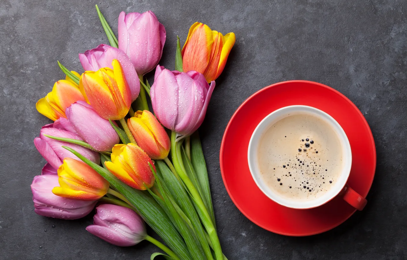 Фото обои цветы, букет, colorful, тюльпаны, pink, flowers, tulips, coffee cup