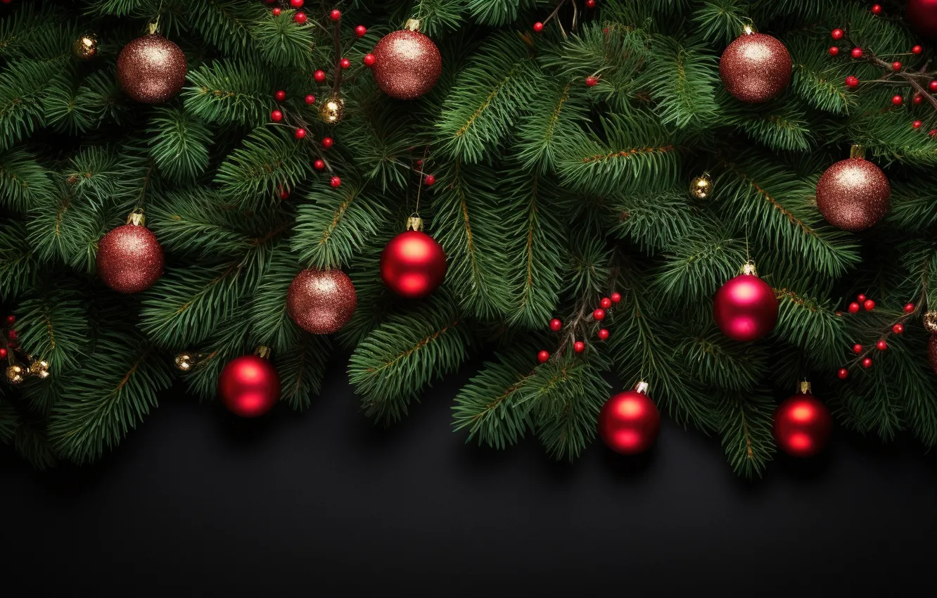 Фото обои украшения, темный фон, шары, Новый Год, Рождество, red, golden, new year