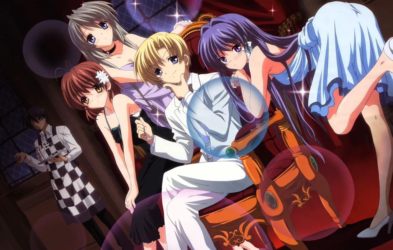 Фото обои девушки, вечеринка, Clannad, Кланнад, Nagisa Furukawa, Tomoya Okazaki, Kyou Fujibayashi, Tomoyo Sakagami