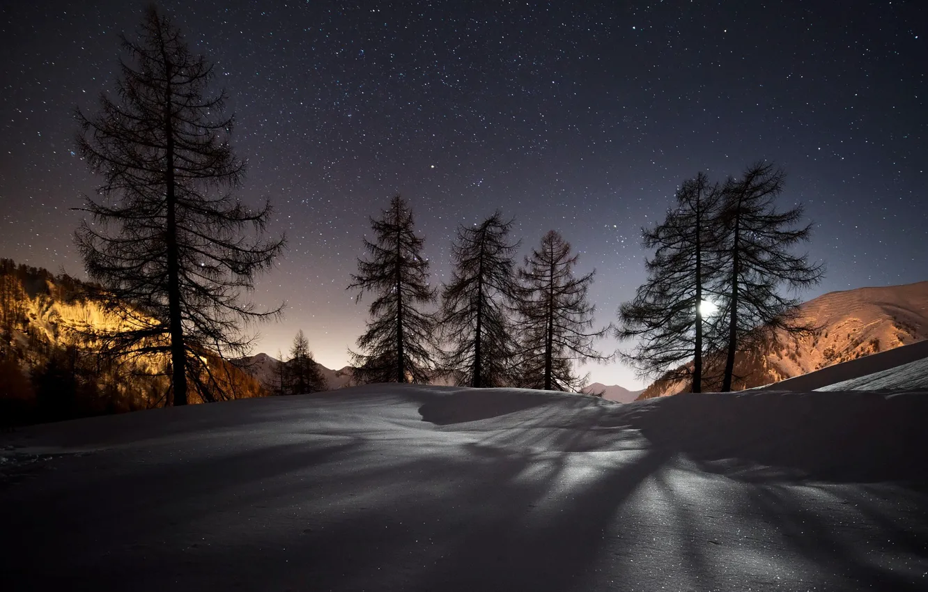 Фото обои зима, звезды, снег, деревья, горы, ночь, природа