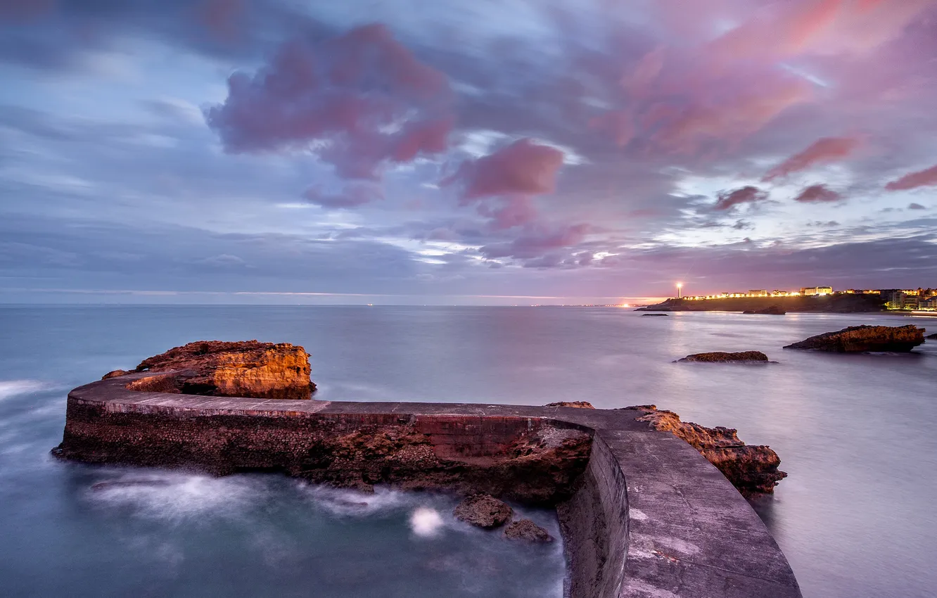 Фото обои море, огни, берег, вечер