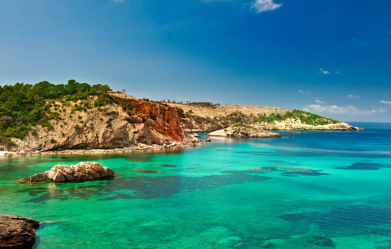 Фото обои море, камни, побережье, остров, Испания, Ibiza