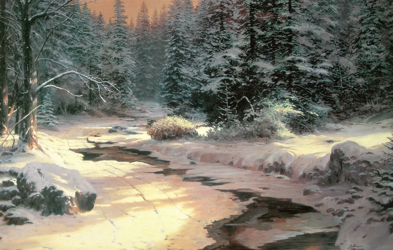 Фото обои зима, снег, ели, речка, Пейзаж, Thomas Kinkade