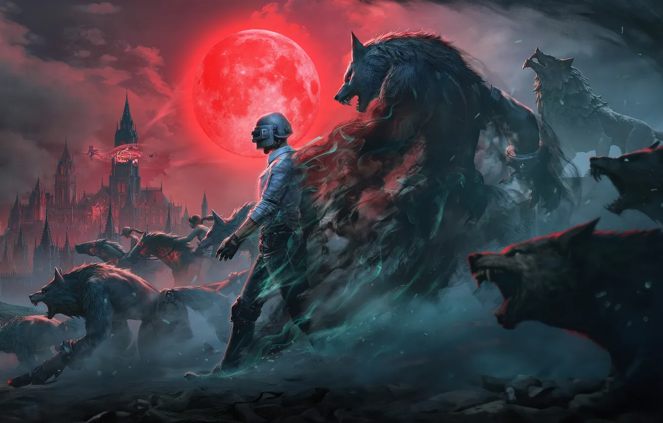 Фото обои red, moon, man, army, warewolf, red moon, pubg, Pubg Mobile Blood Moon