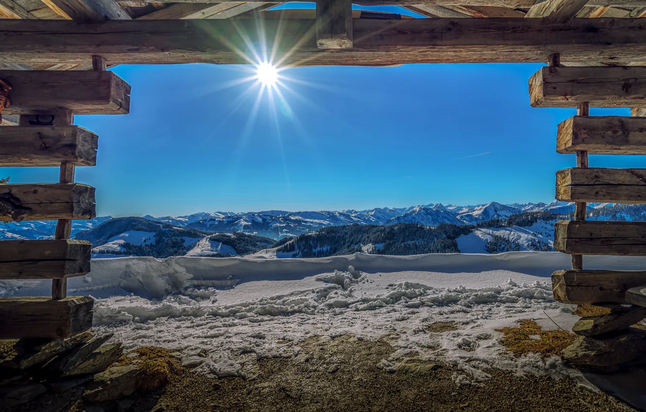 Фото обои солнце, снег, горы, вершины, Австрия, панорама, Austria, Тироль