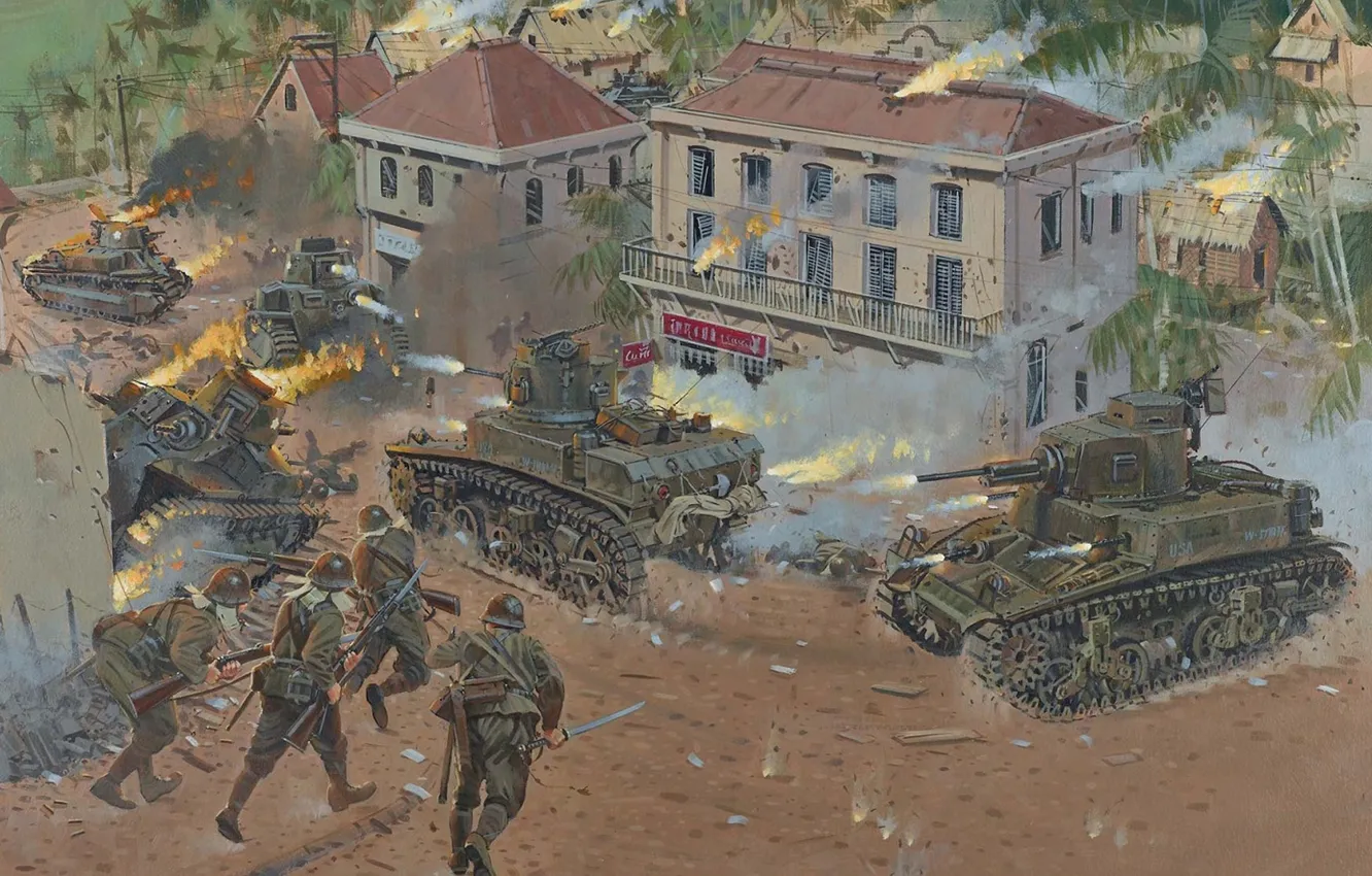 Фото обои война, улица, рисунок, бой, падение, арт, солдаты, танки