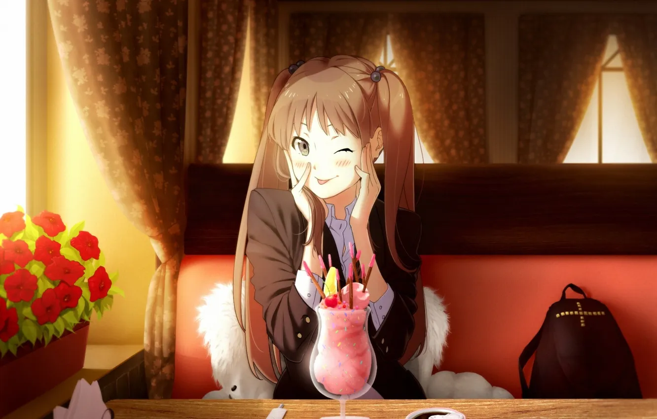Фото обои язык, девушка, арт, мороженое, кафе, подмигивание, aconitea, okamoto miyuu