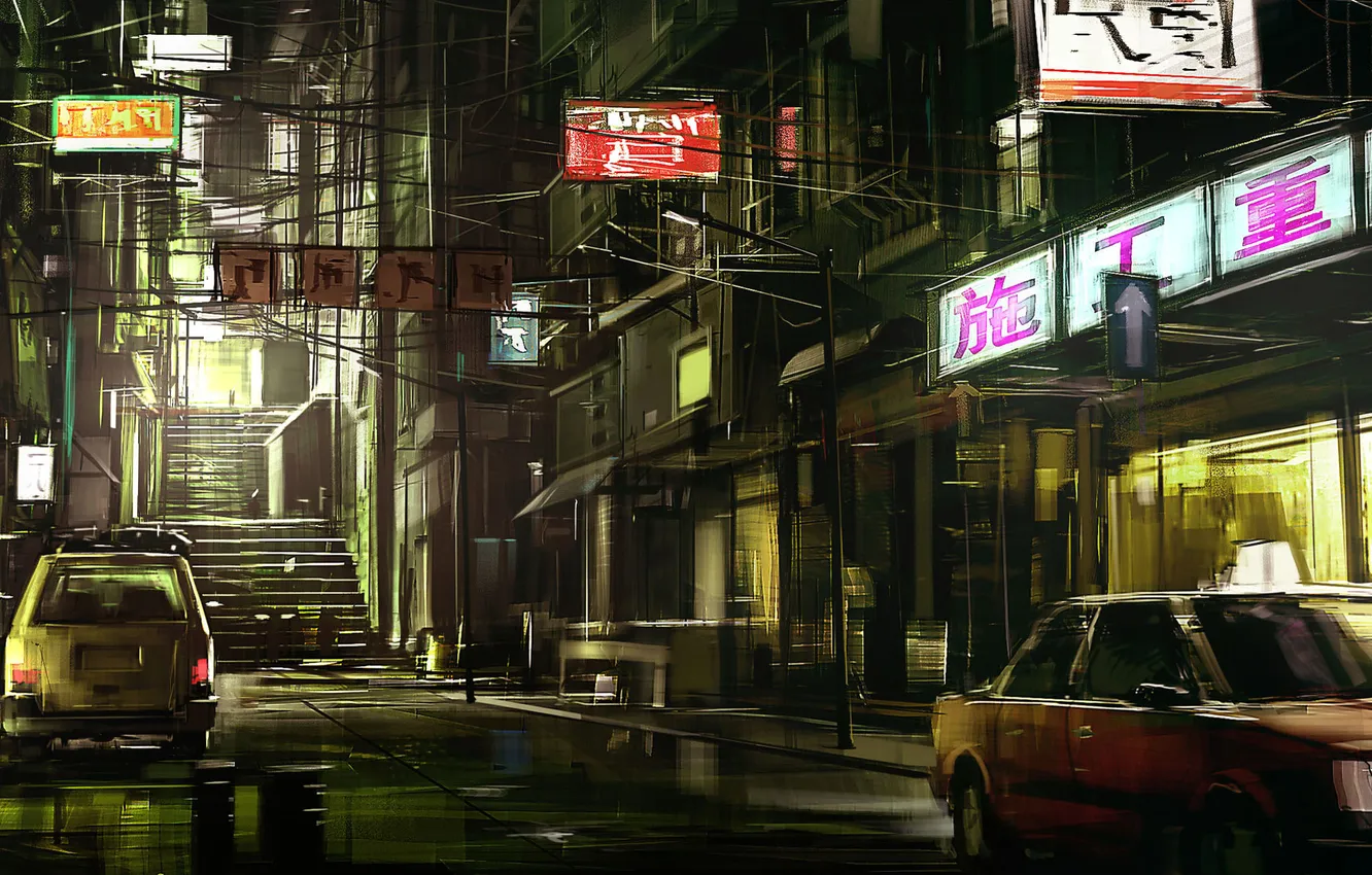Фото обои ночь, улица, Япония, знаки, вывески, автомобили, магазинчики