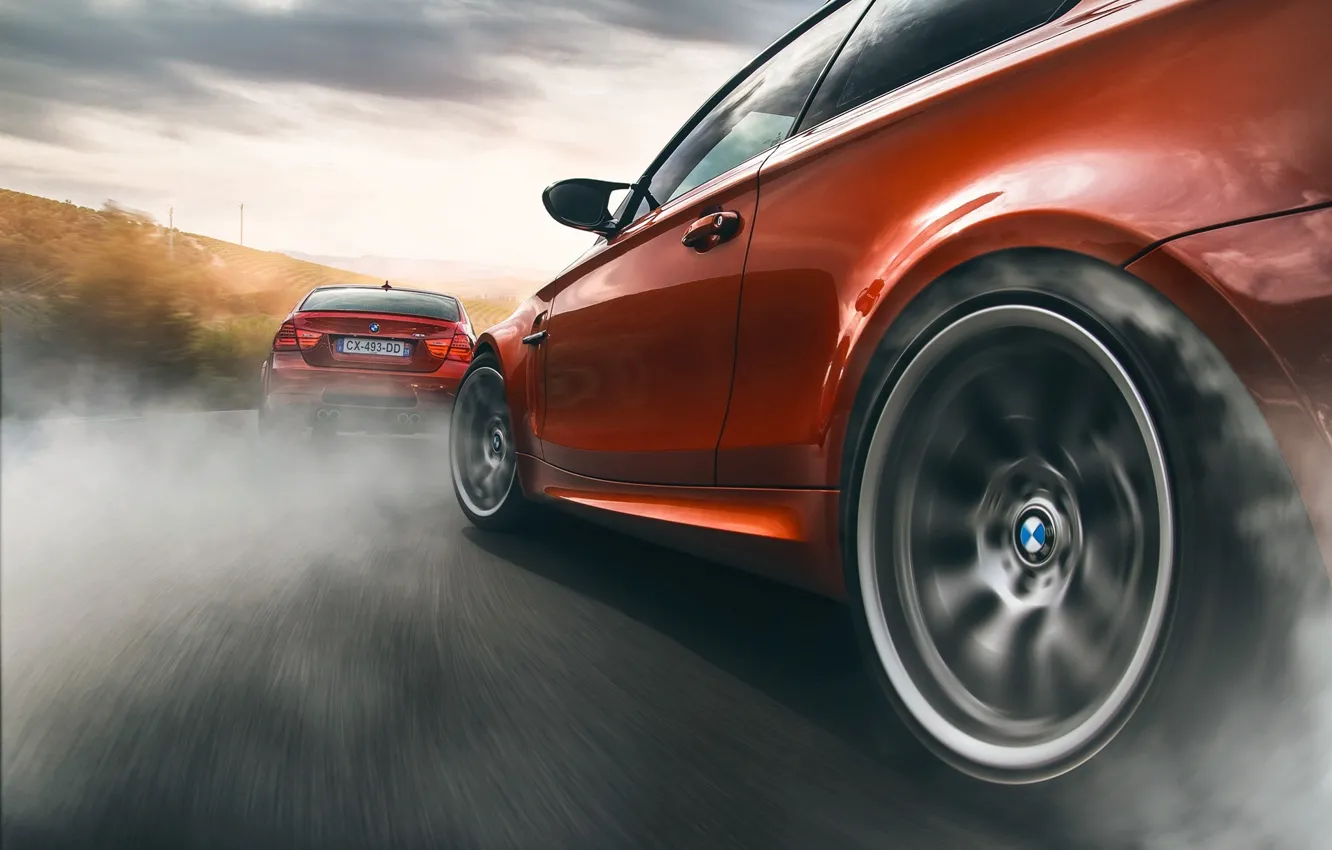 Фото обои BMW, Orange, Car, Smoke, Sport, Wheels, Drifting