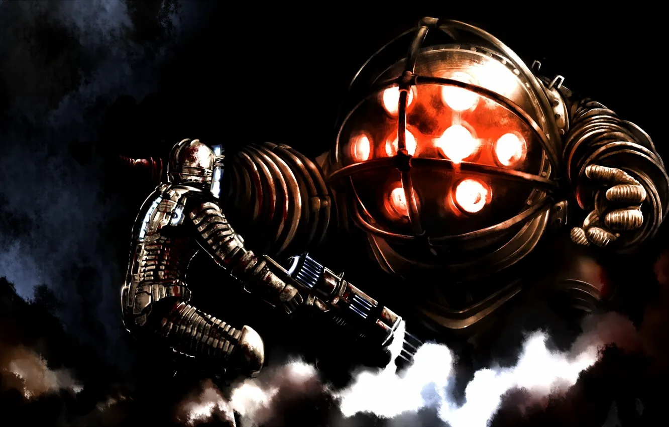 Фото обои арт, битва, Dead Space vs Bioshock, достойные соперники, fight, айзек кларк