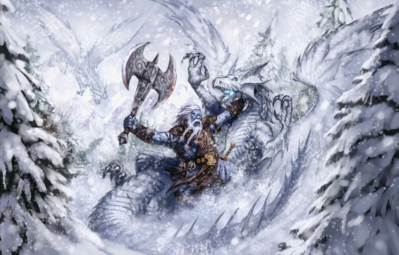 Фото обои зима, фентези, дракон, воин, битва, runelords