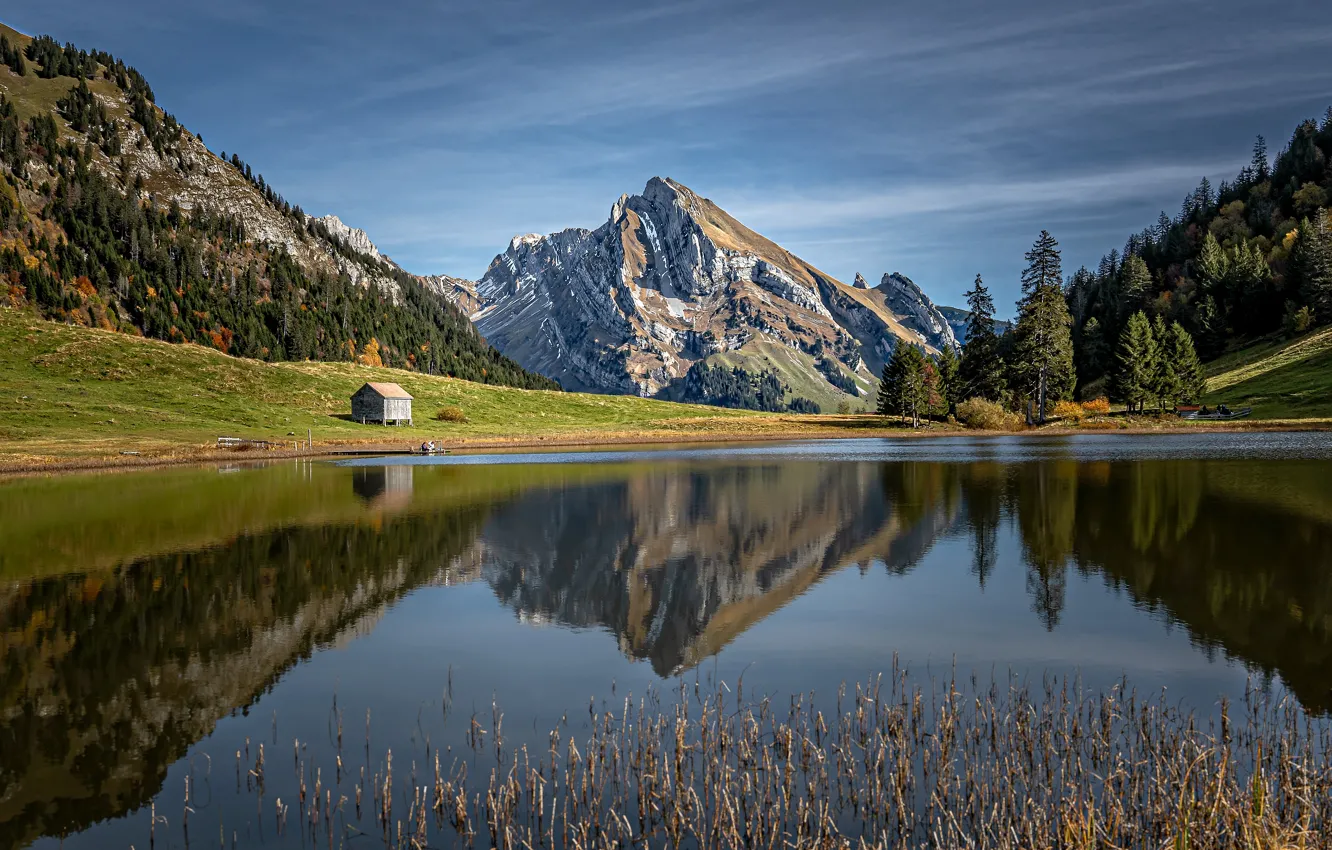 Фото обои горы, озеро, отражение, Швейцария, Альпы, вершина, Switzerland, Alps