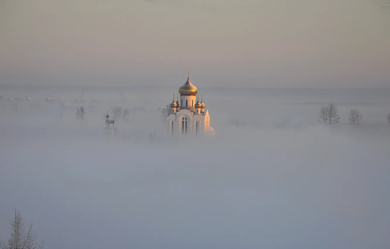Фото обои пейзаж, туман, храм, купола