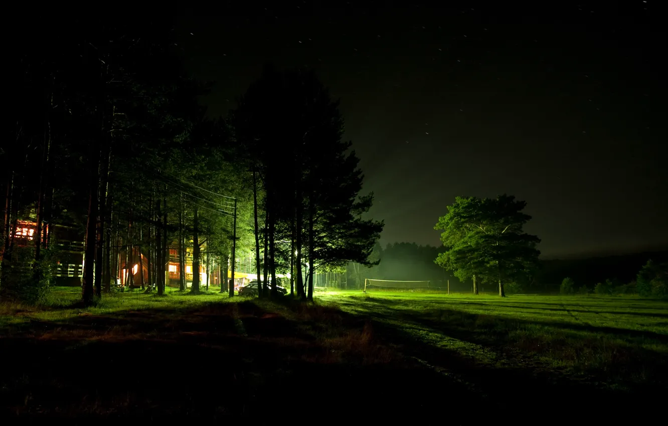 Фото обои поле, ночь, дом, свечение