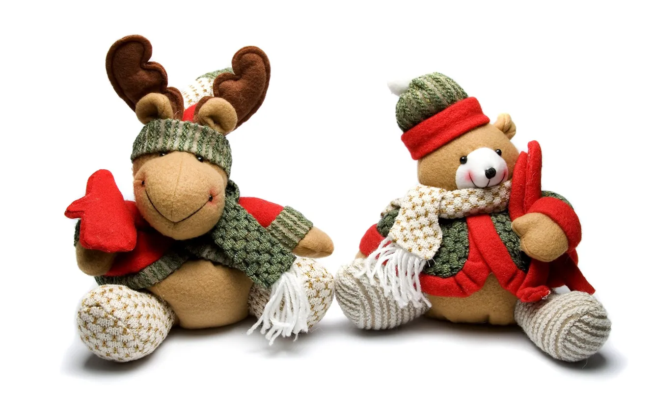 Фото обои красный, зеленый, праздник, подарок, игрушка, новый год, олень, мишка