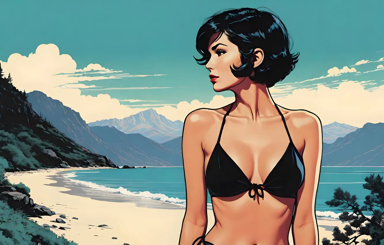 Фото обои Escape, Woman, Beach, Retro, Stylish