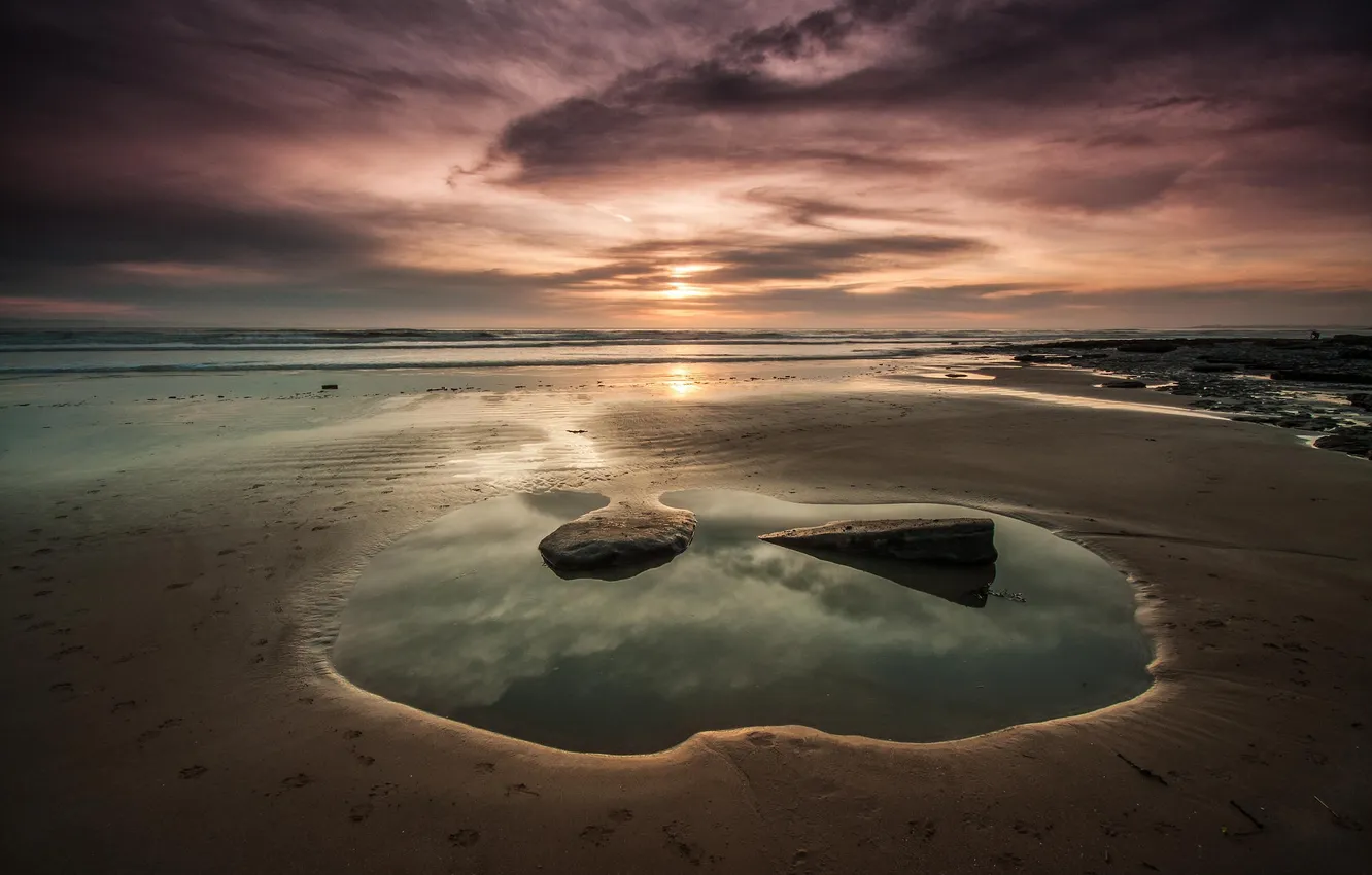 Фото обои песок, море, пляж, небо, вода, пейзаж, закат, природа