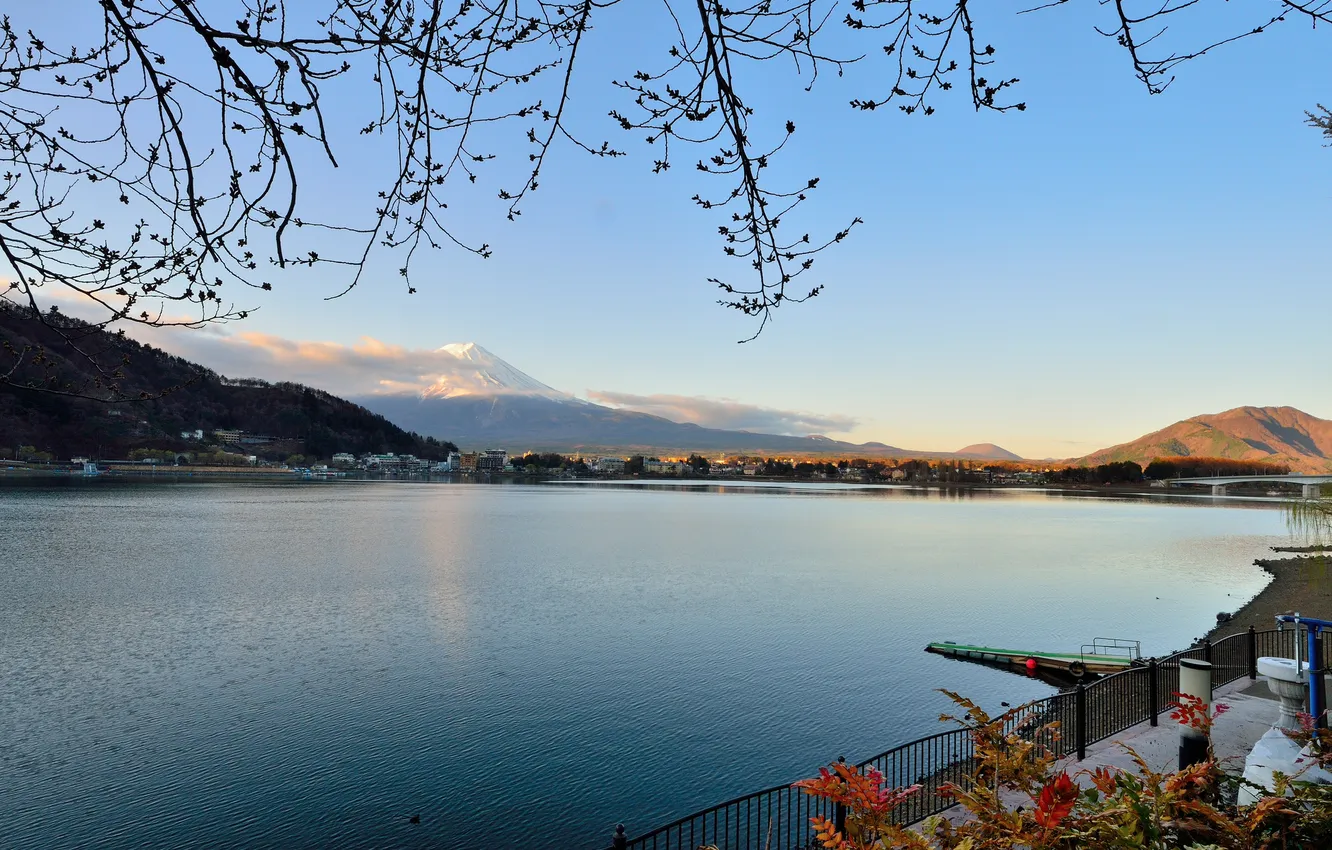 Фото обои вода, ветки, весна, вулкан, Япония, набережная