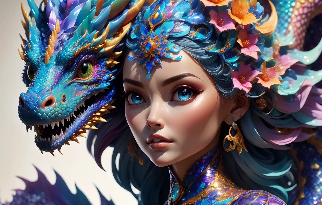 Фото обои colorful, blue eyes, face, dragon, digital art, CGI, closeup, earring