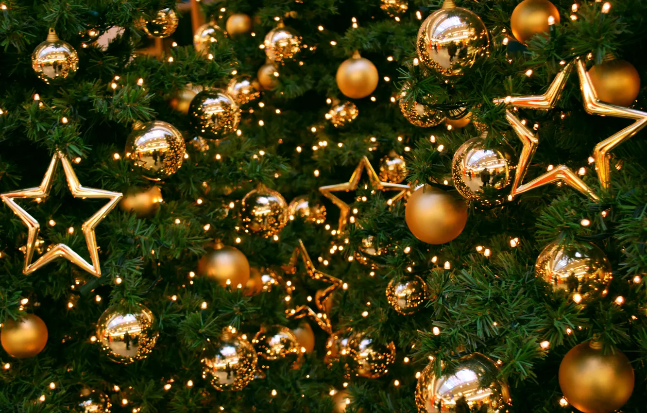 Фото обои звезды, шары, игрушки, елка, Новый год