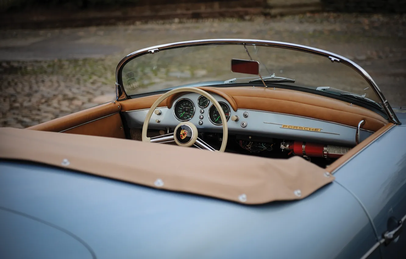 Фото обои Porsche, 1955, 356, steering wheel, dashboard, car interior, Porsche 356 1500 Speedster