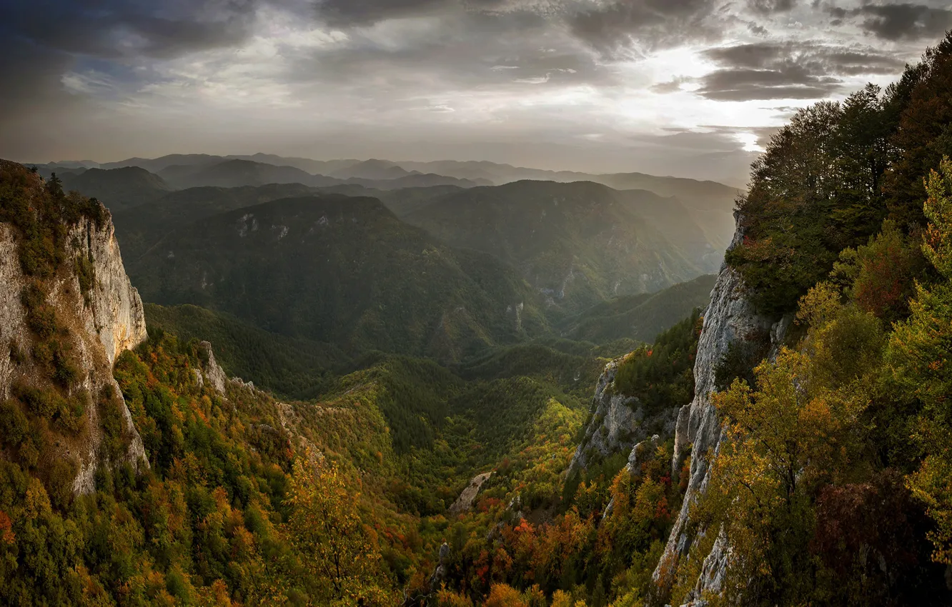 Фото обои осень, пейзаж, горы, тучи, природа, туман, леса